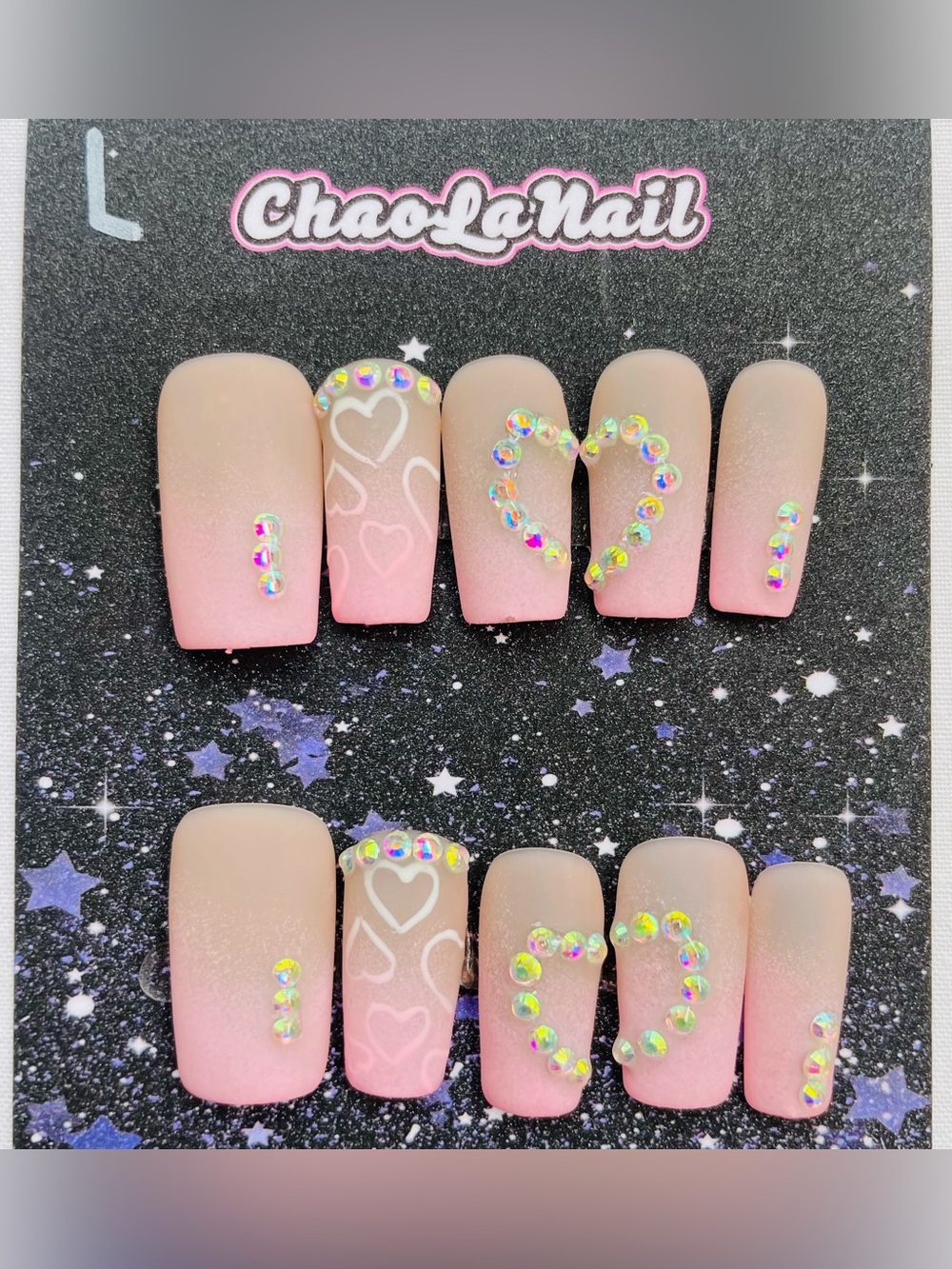 NEW Pink Rhinestone Heart Press-On Nails | Bling Glam Set | Long Square | Large